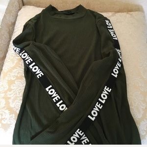 NEW ribbed mocked turtleneck LOVE on sleeves